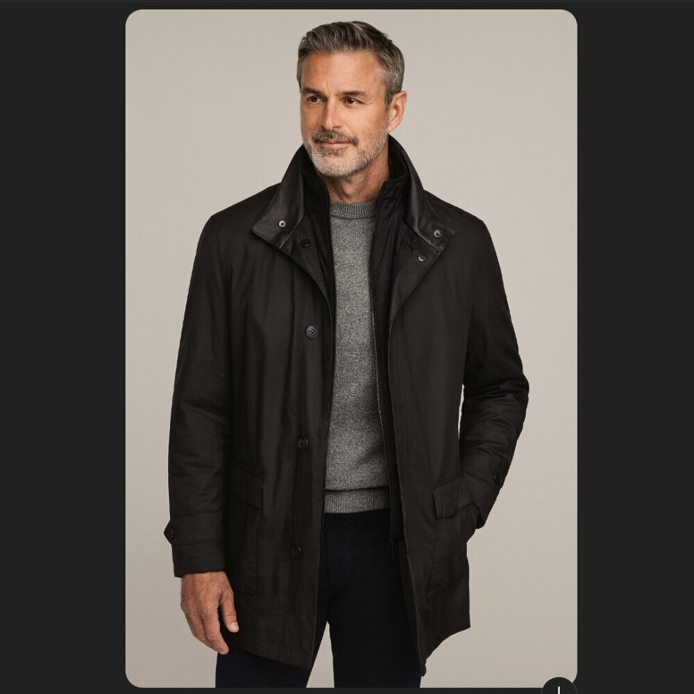 Johnston & Murphy Mens Double Collar Leather Trench Jacket 48 Car Coat Snap USA